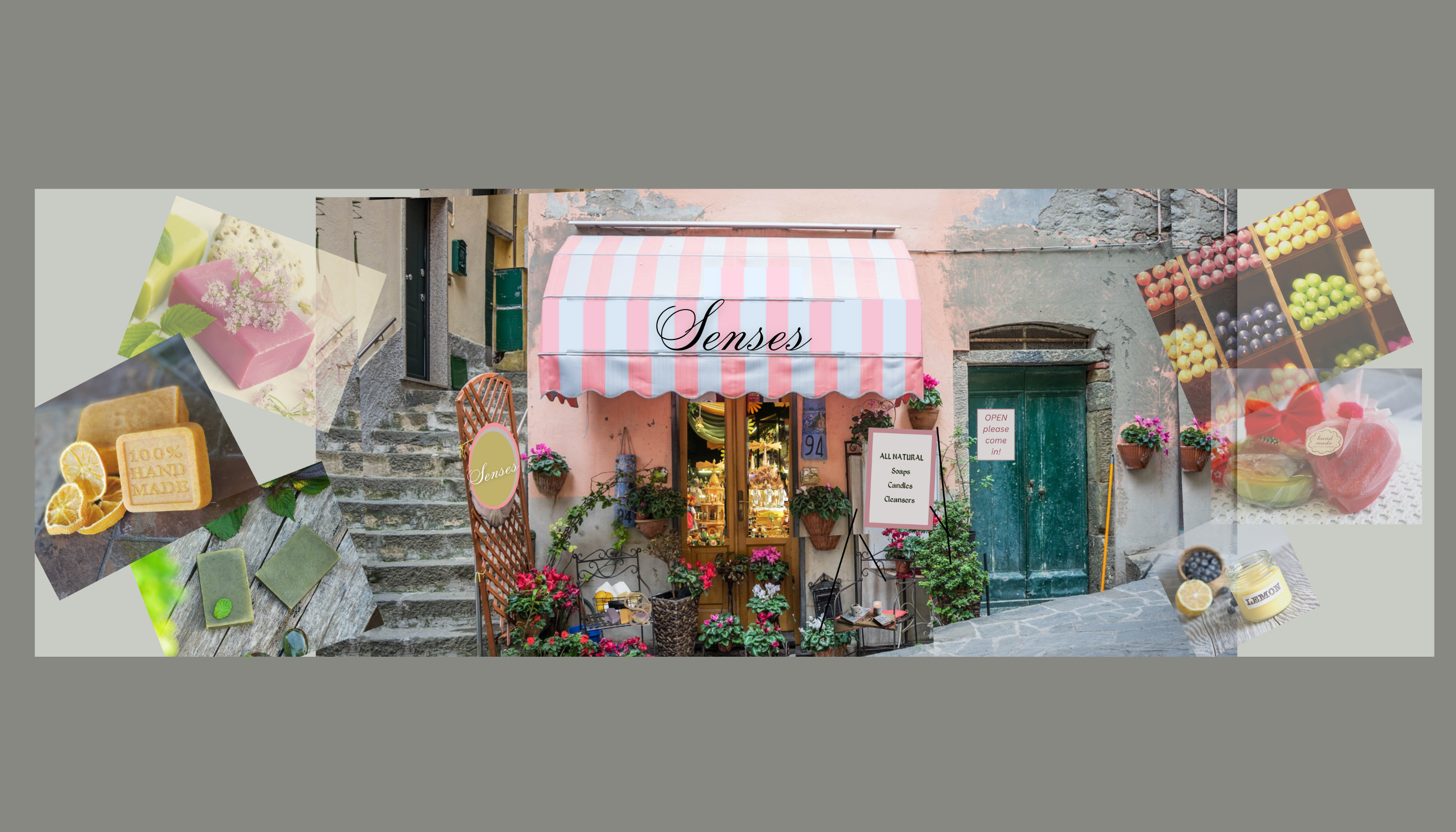 Image of a fictional Senses Marketplace - the logo image surrounded with product essentials.